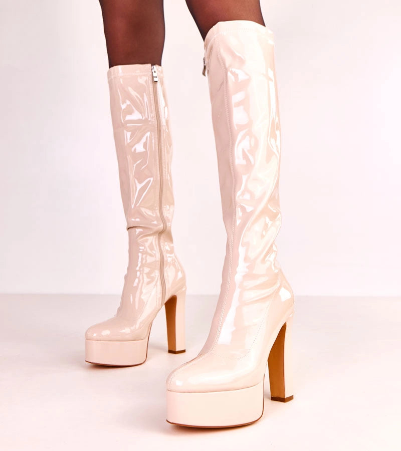 Beige patent leather high heel boots Ronnie