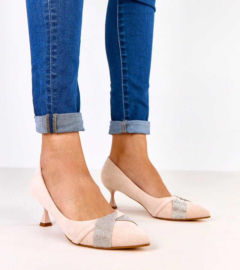 Beige low-heeled pumps with rhinestones Tailana