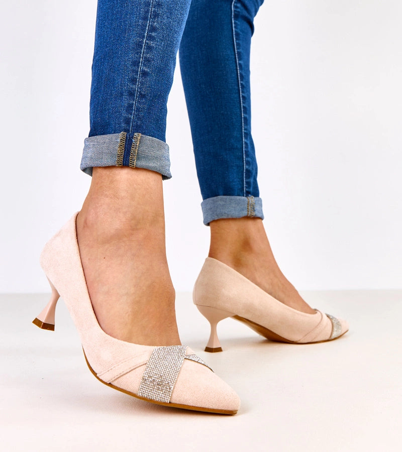 Beige low-heeled pumps with rhinestones Tailana