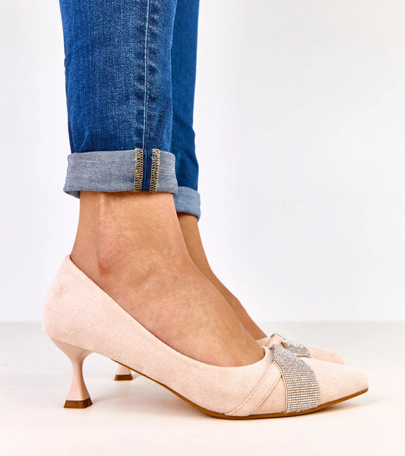 Beige low-heeled pumps with rhinestones Tailana