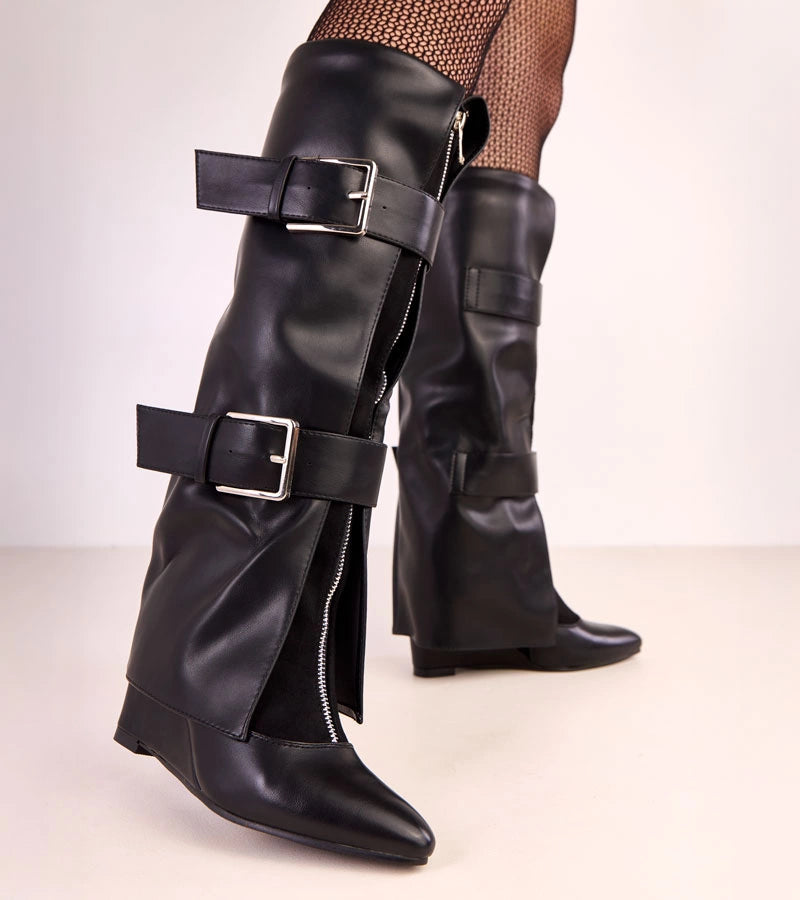 Black wedge boots with decorative buckles by Toadera