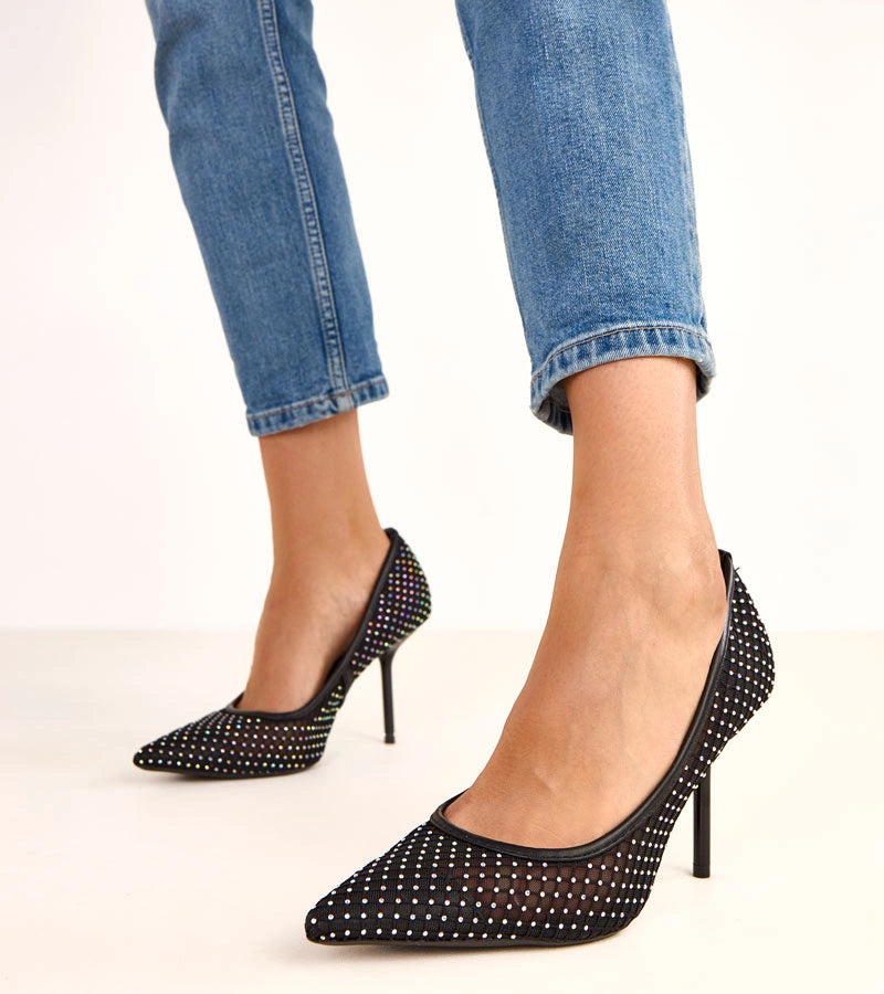 Black mesh pumps decorated with rhinestones Rita