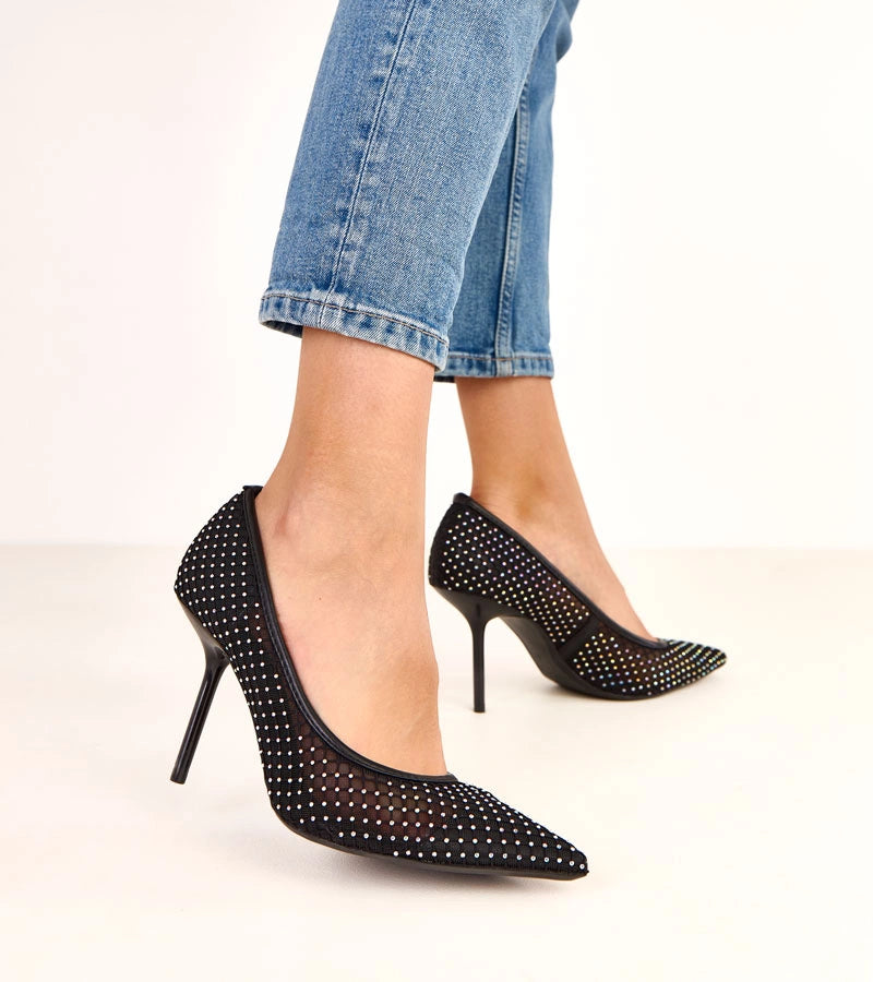 Black mesh pumps decorated with rhinestones Rita