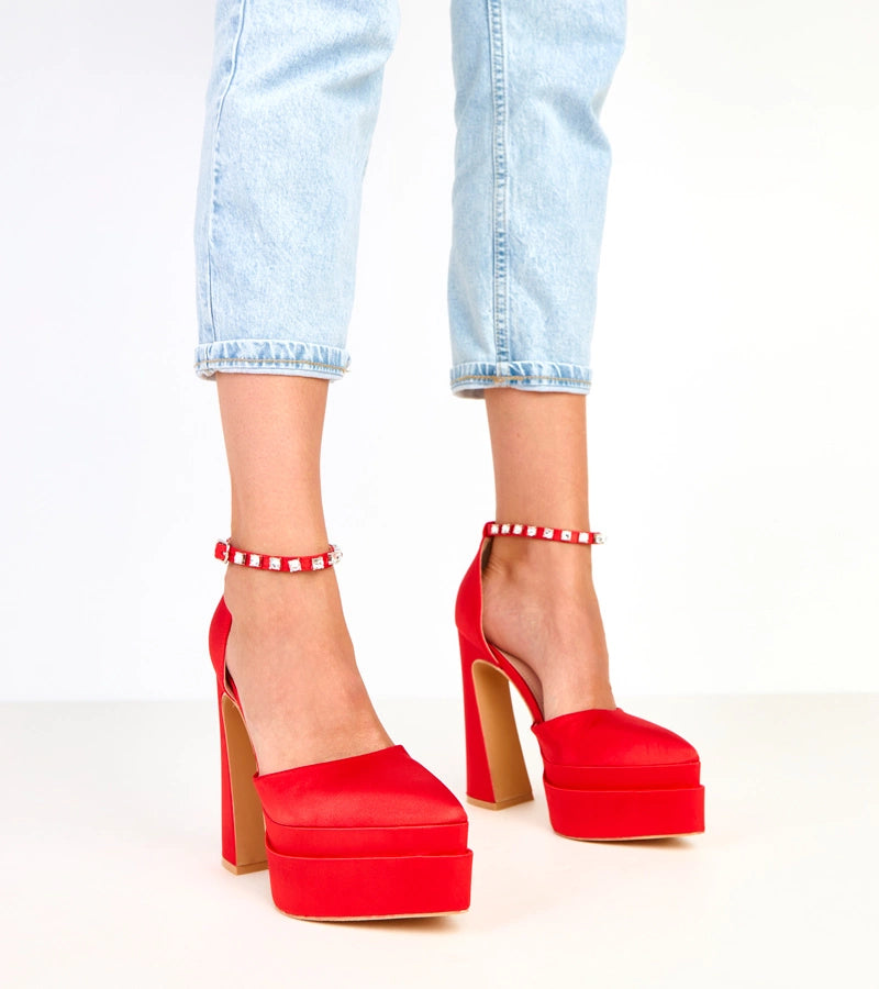 Tolani red platform pumps with stone-embellished strap