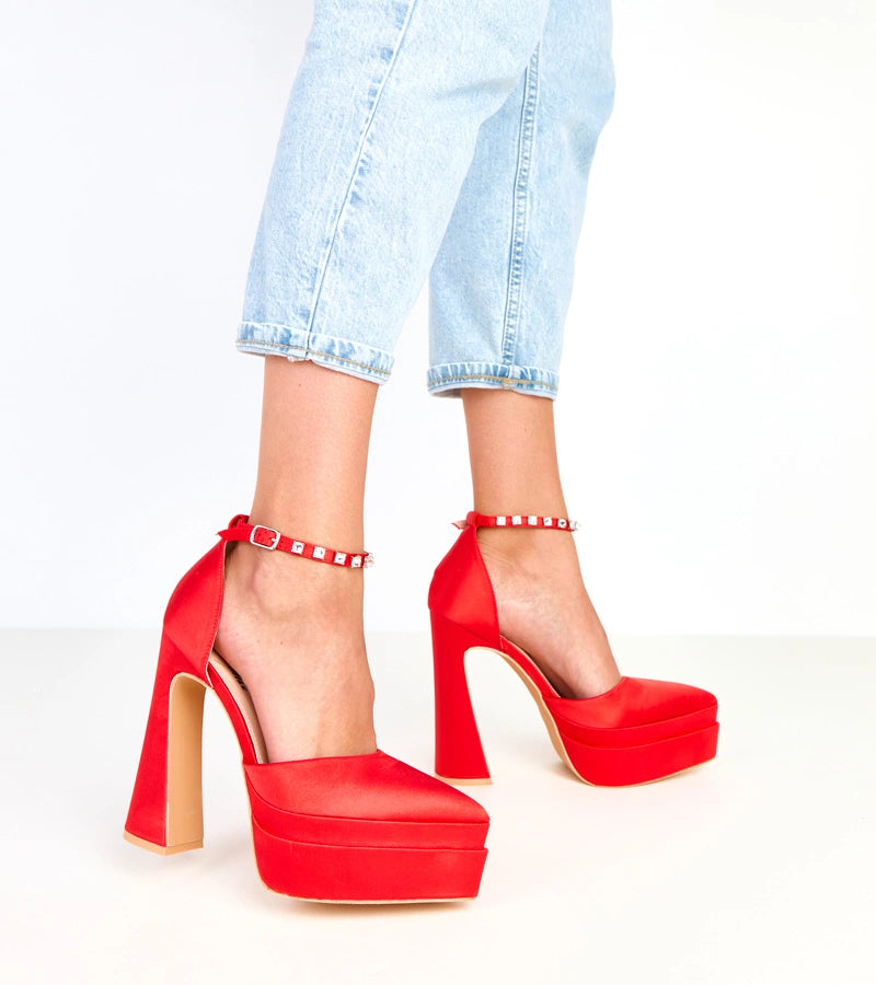 Tolani red platform pumps with stone-embellished strap