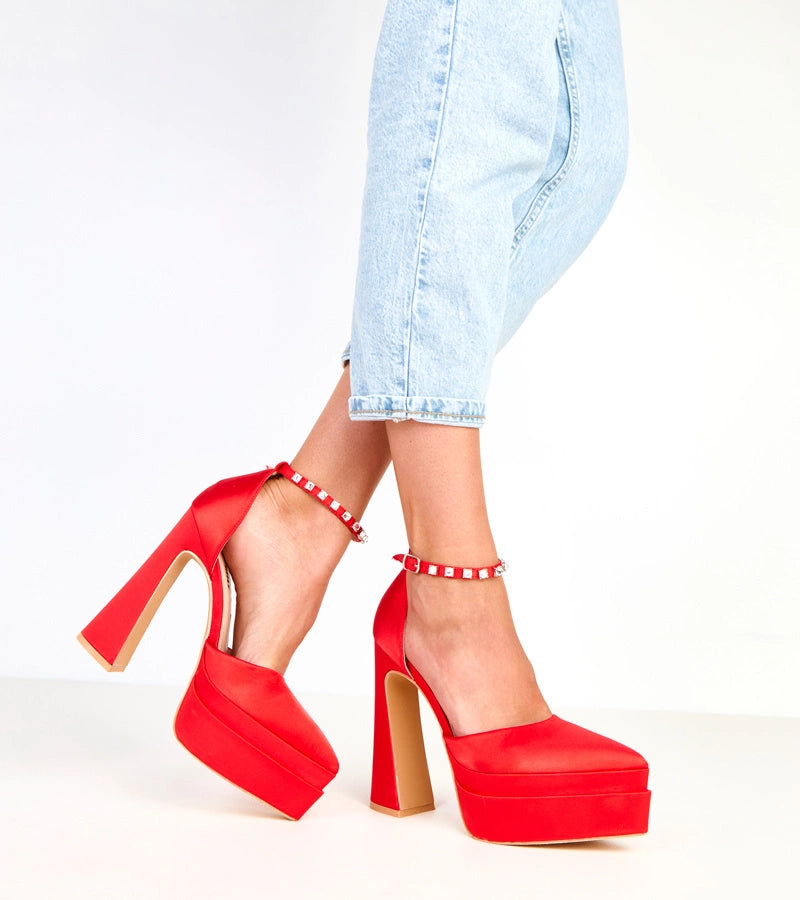 Tolani red platform pumps with stone-embellished strap