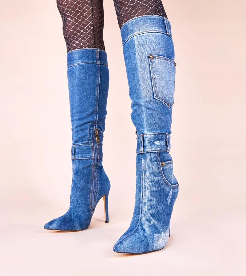 Denim stiletto boots with pockets Sina