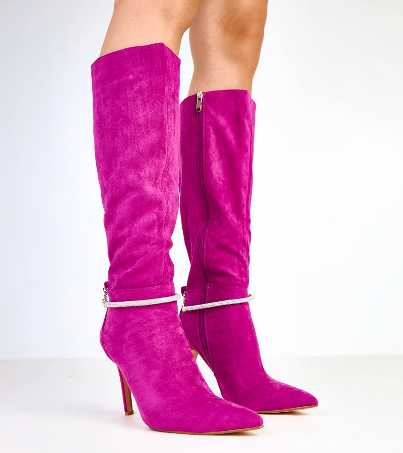Skye purple stiletto boots with decorative chain