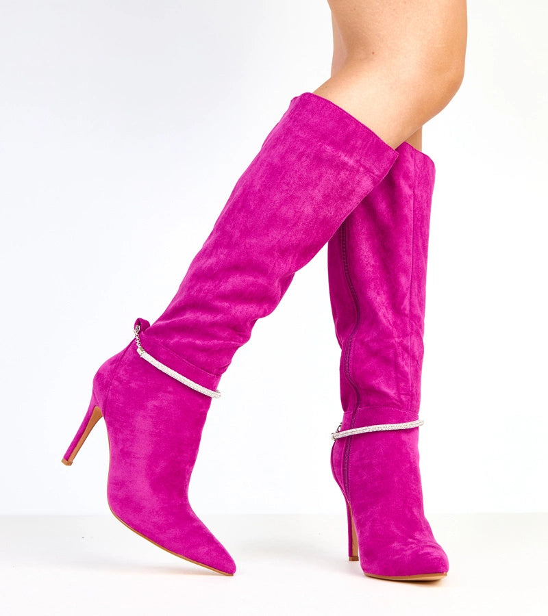 Skye purple stiletto boots with decorative chain