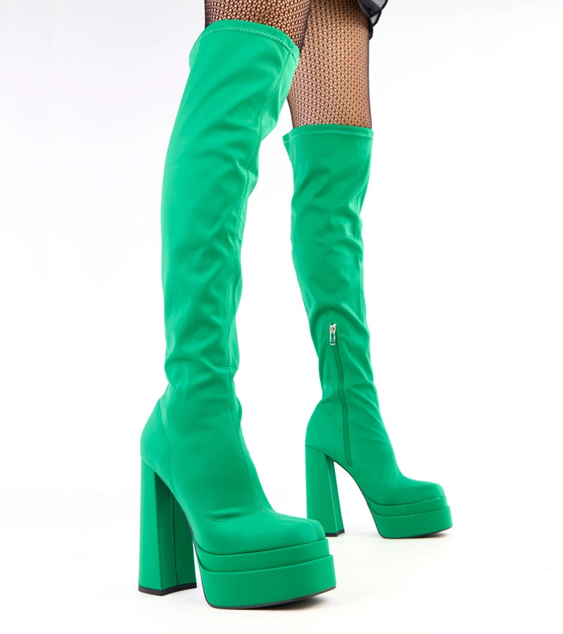 Zeida green high platform heeled boots