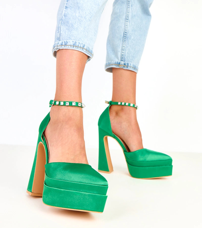 Tolani green platform pumps with stone-embellished strap