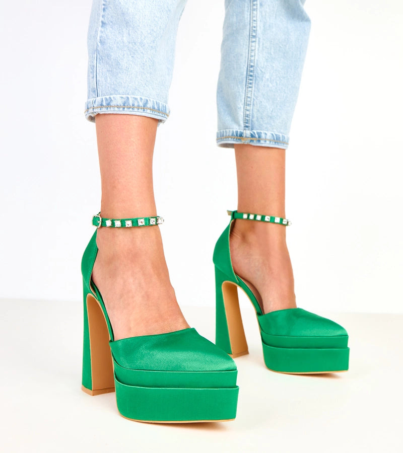 Tolani green platform pumps with stone-embellished strap