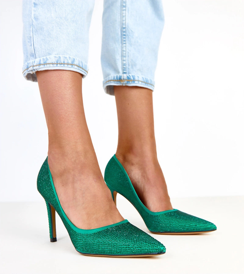 Green satin pumps with rhinestones on a stiletto heel Aranka