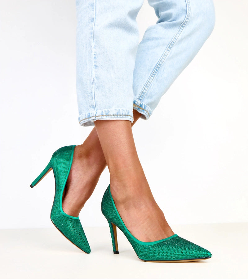 Green satin pumps with rhinestones on a stiletto heel Aranka