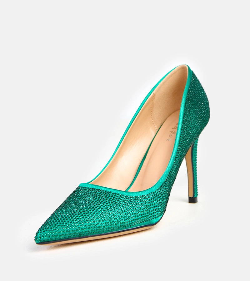 Green satin pumps with rhinestones on a stiletto heel Aranka