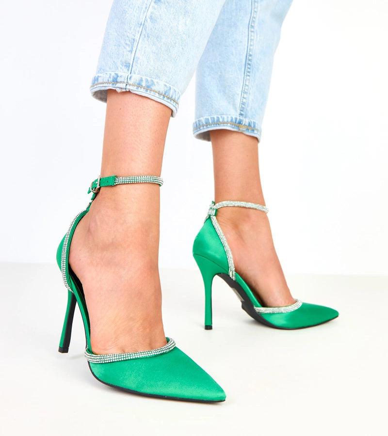 Green satin ankle boot with zircons Zizia
