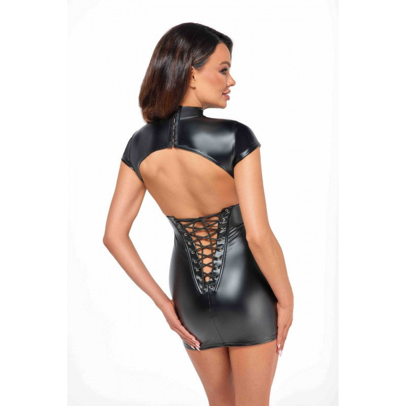F309 Fantasy wetlook mini dress with lace up back